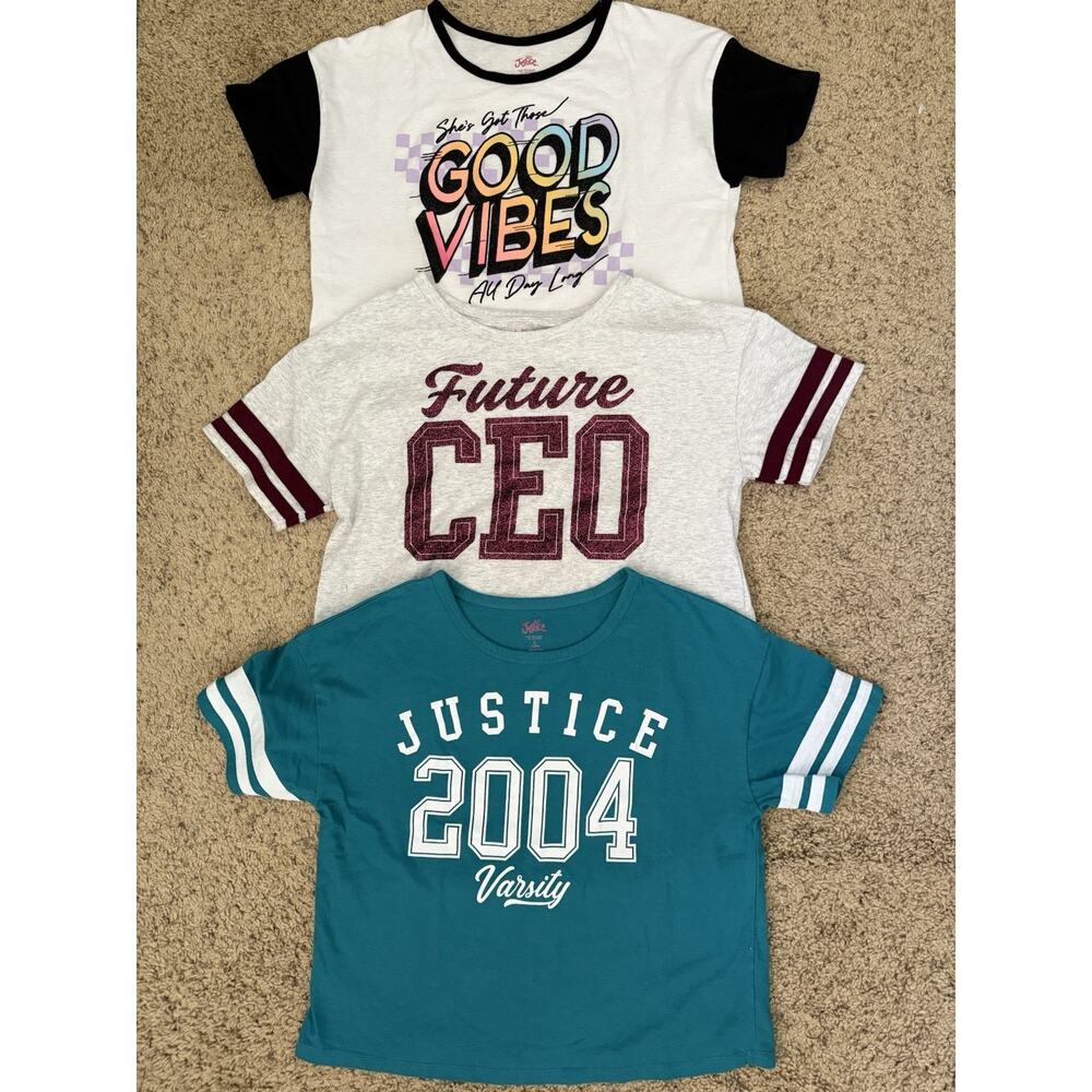 Lot Of 3 Justice Glitter Future CEO Good Vibes Boxy T Shirt Tops Size L 12/14